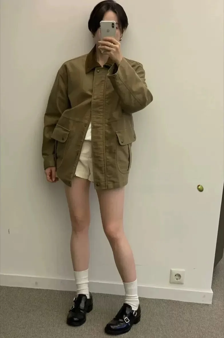 

Faionable Retro Workwear Sle Commute Jaet Outerwear PREON New Autumn Winter Loose Fit Cotton Collar Single Button