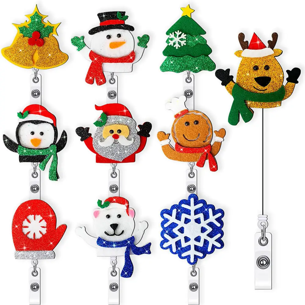 New Design Glitter Acrylic Christmas Badge Reel Retractable ID Badge Holder With 360 Rotating Alligator Clip Name Holder