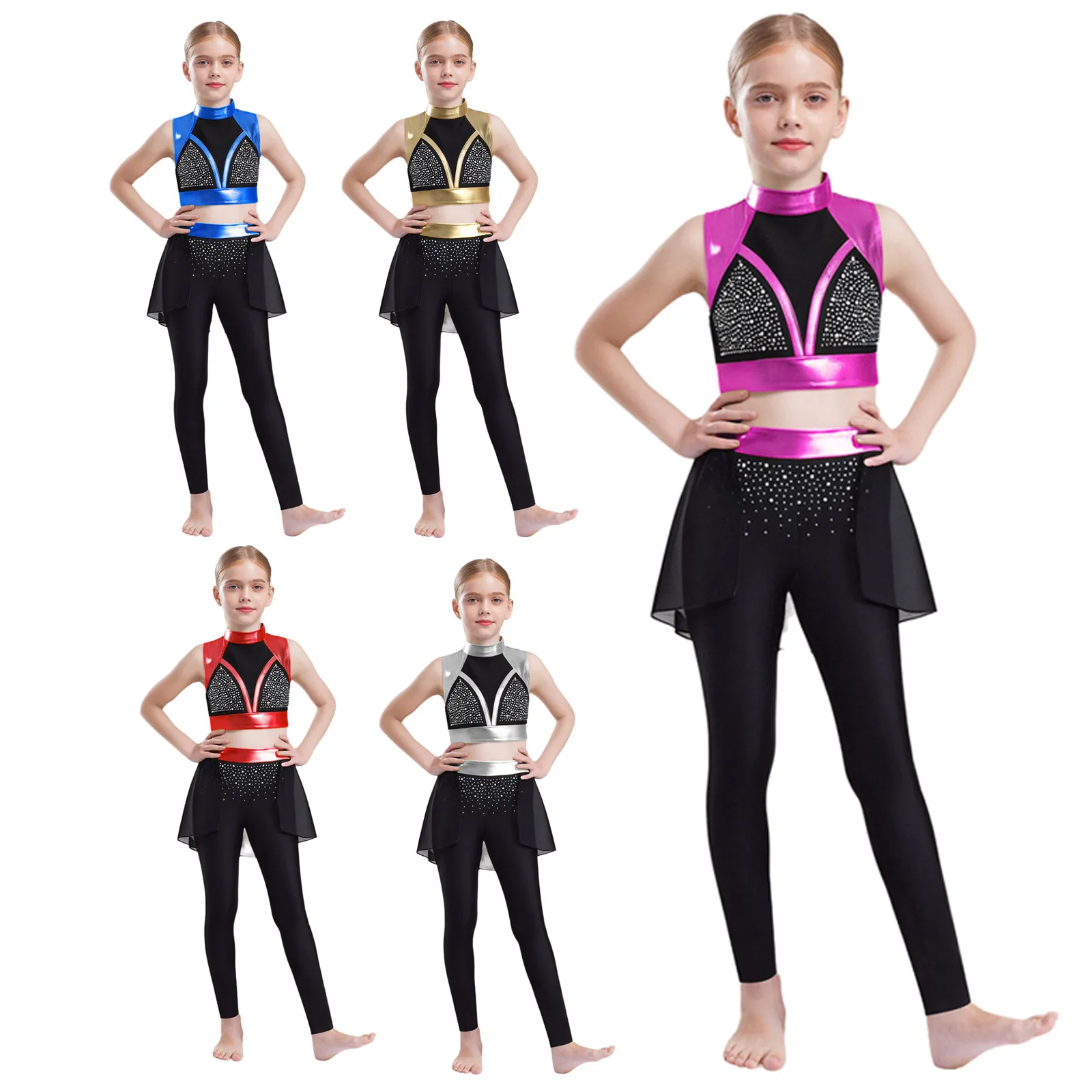 Ensembles de danse de Ballet, Costume de spectacle de patinage artistique pour enfants filles, sans manches, découpe au dos, strass, haut court métallique, pantalon