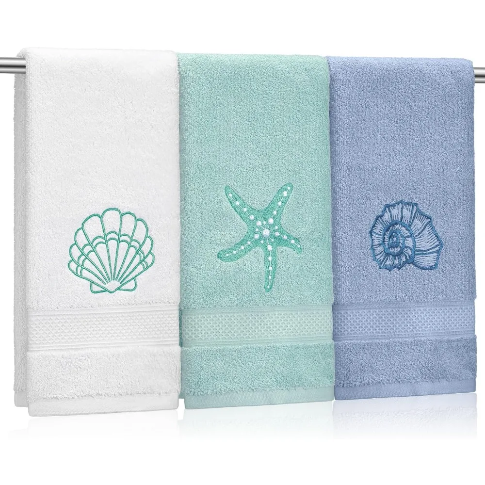 

Three Coastal Cotton Hand Towels Seashell Starfish Conch Design Blue Nautical Bathroom Decor Summer Holiday Gift