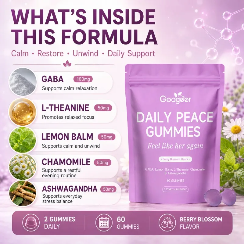 Googeer Daily Peace Gummies with GABA L-Theanine Lemon Balm Chamomile Ashwagandha for Calm Relaxation Daily Support 60 Gummies