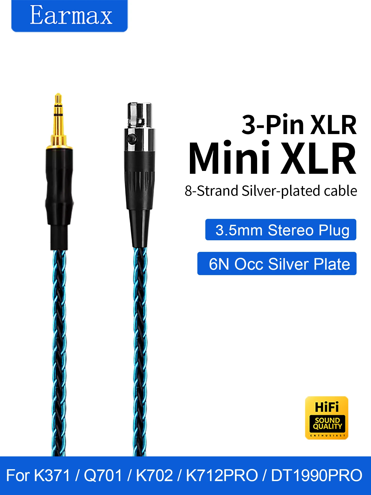 AKG Q701 K240S K712 K371 K245 DT1770PRO 1990PRO 8가닥 단결정 은도금 블루 블랙 3핀 미니 XLR 헤드폰 케이블