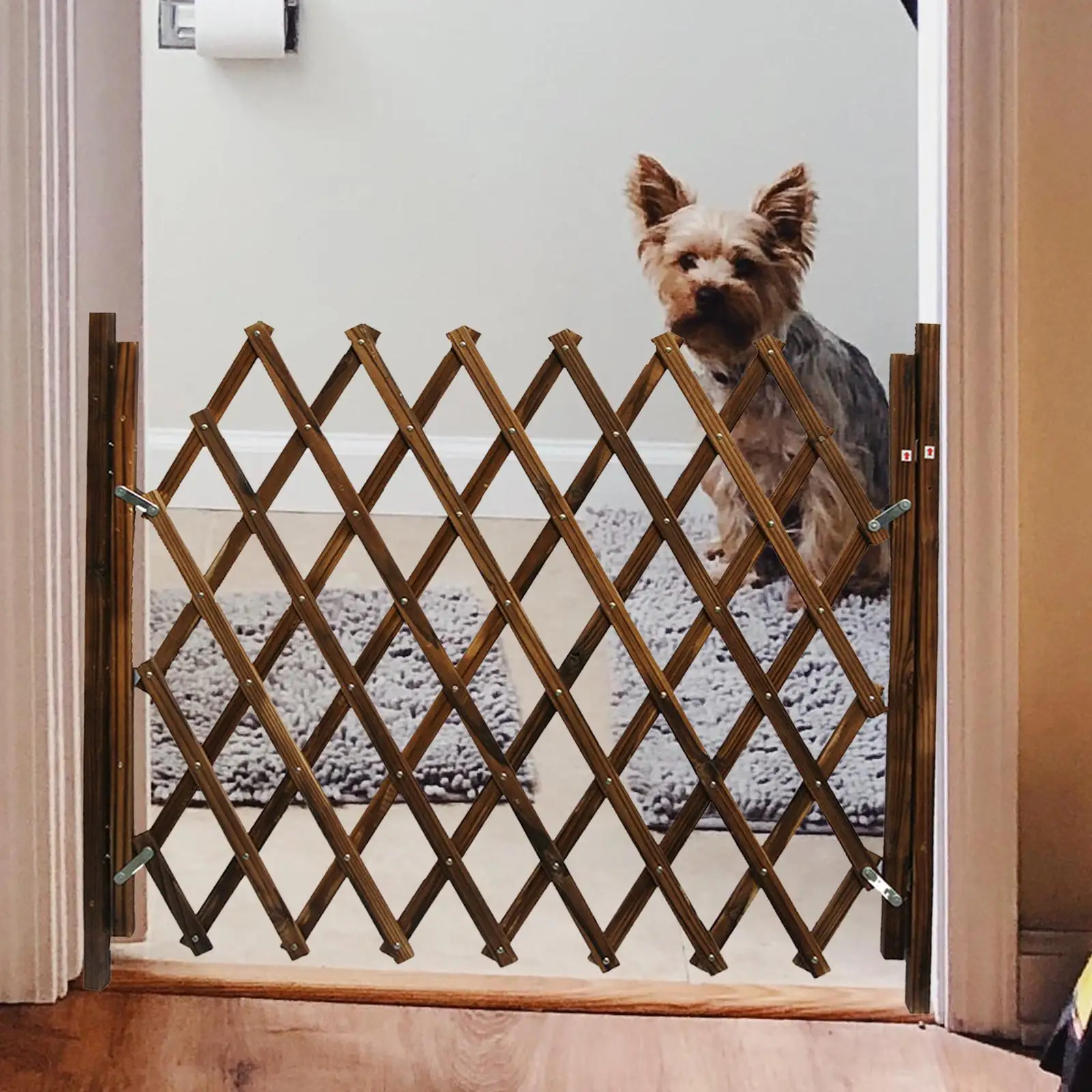 Wooden Expandable Accordion Dog Gate Sliding Door Freestanding Adjustable