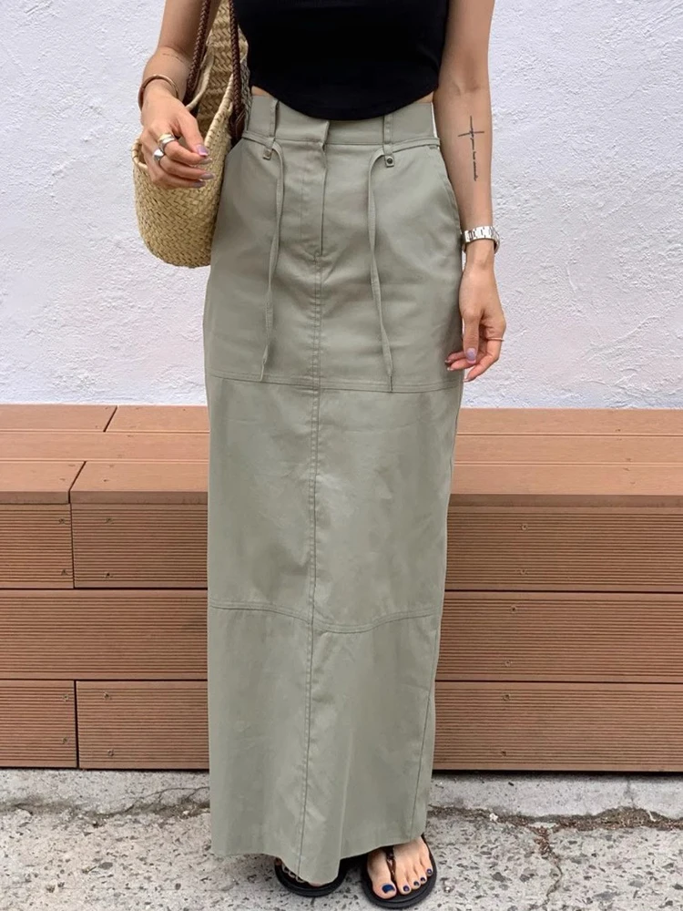 Gonna lunga elegante a vita alta con coulisse Gonna longuette da lavoro a trapezio da donna Orlo asimmetrico Effetto dimagrante Estate Versatile