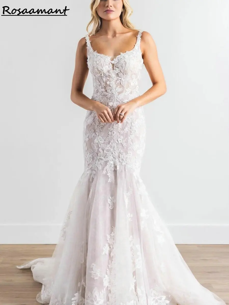 

Gorgeous Scoop Open Back Mermaid Wedding Dresses Spaghetti Straps Appliques Lace Boho Bridal Gowns