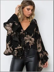 Elegant V-neck Black Petal Top Women's Long Sleeved T-shirt Autumn Casual Floral Printed Blouse