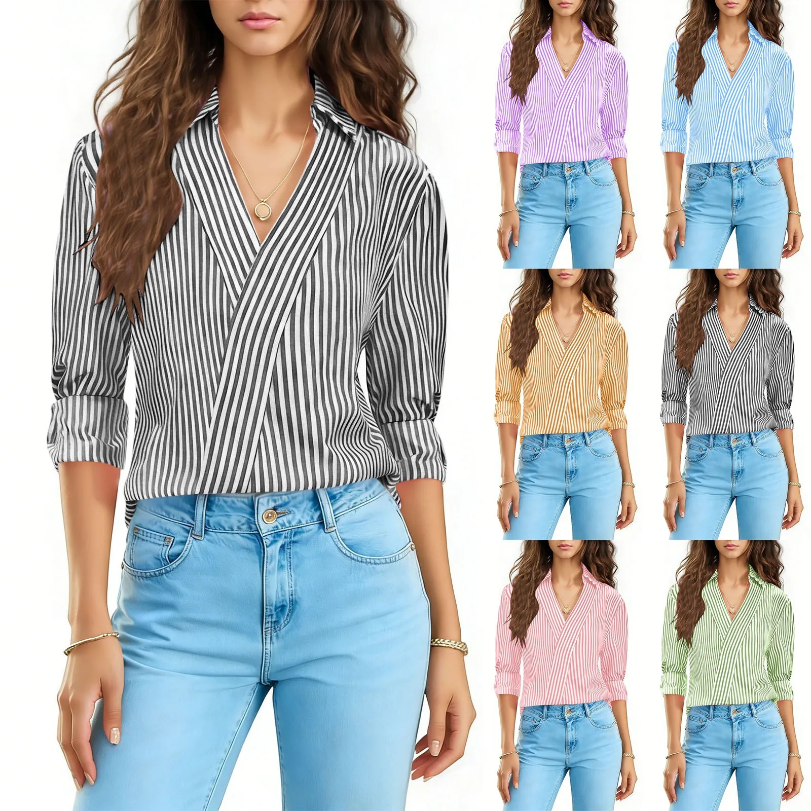 

Lavender Stripe Blouse Seven Quarter Sleeve Wrap Style Blouses Loose Fit Woven Button Up Shirt Lightweight Fabric V Neck Blouse