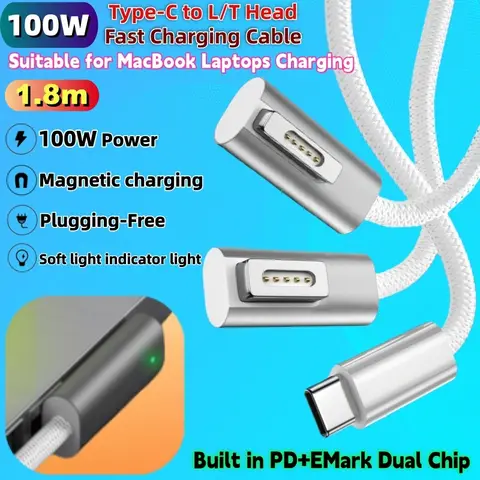 1.8M PD 100W Type-C to L/T Head for Magsafe1/2 Plug Adapter Laptop Magnetic Fast Charging Cable Converter Cord for Macbook USB C
