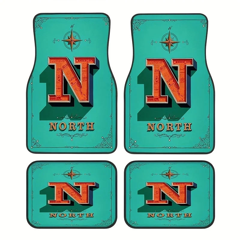 4-Pack Letter N North Style Car Floor Mats, Durable Polyester Interior Additions, Easy To Clean, Universal Front And Rear Seat F
