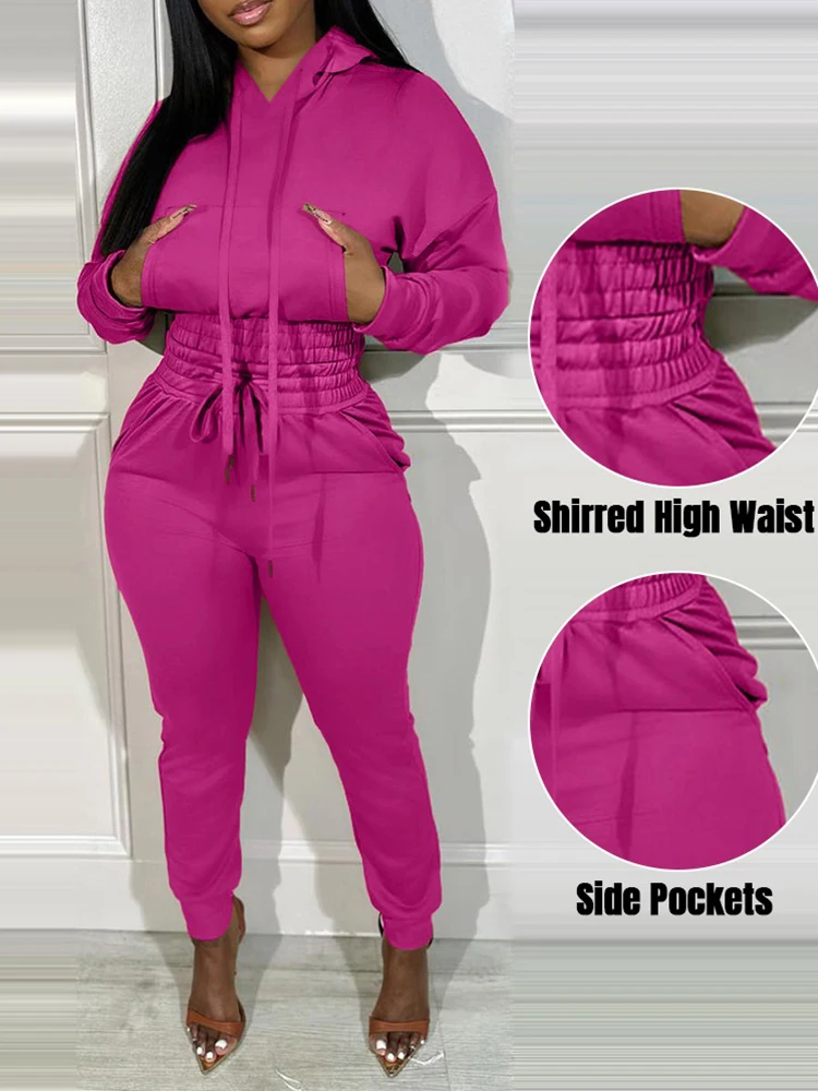 Shirred Pocket Design Crop Hoodie & High Waist Cuffed Sweatpants Set