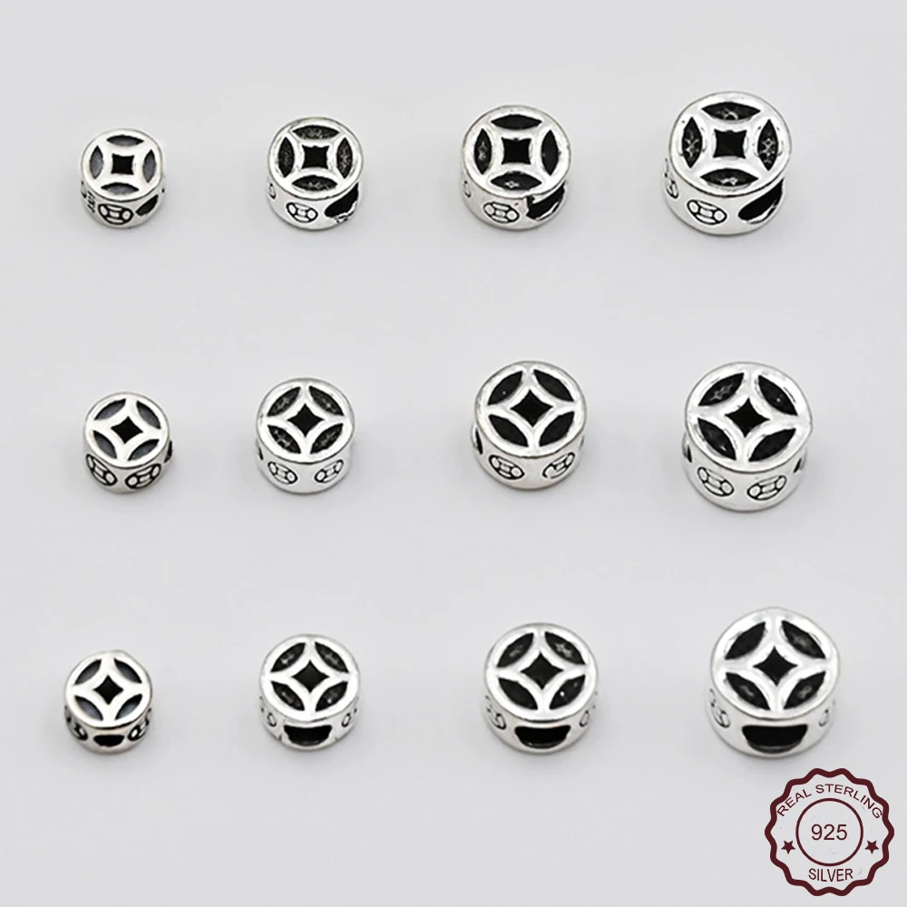 

925 Sterling Silver Chinese Ancient-coin Symbol Beads Spacers Charms for DIY Jewelry Making Bracelet Necklace Bead Accessories