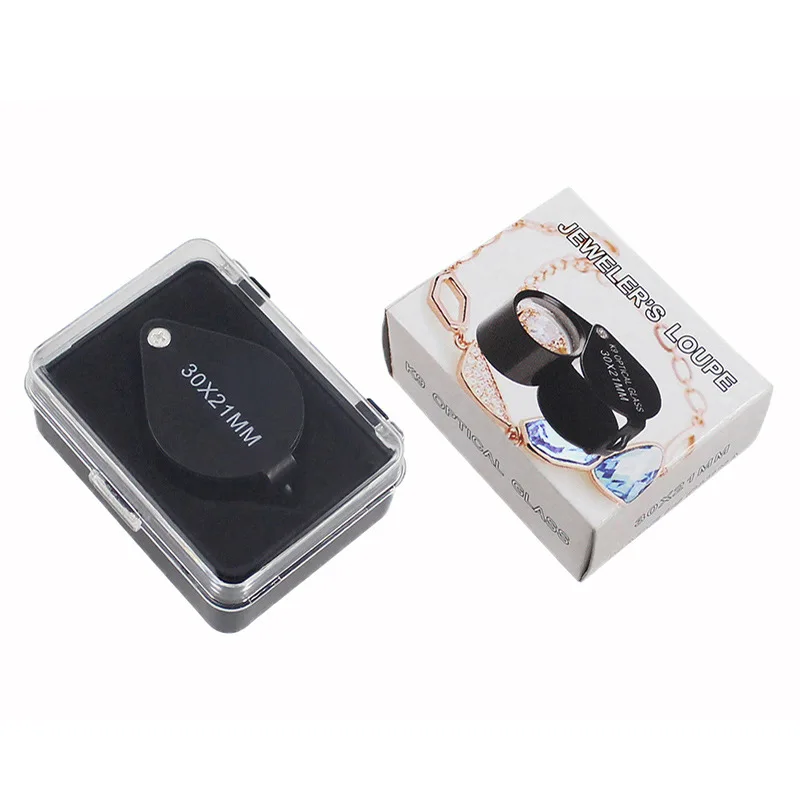 Handheld 30X Magnifier Black Color Jewelry Magnifying Glass K9 Optical Magnification Lens Foldable Jewelery Loupe Aluminum Lupe