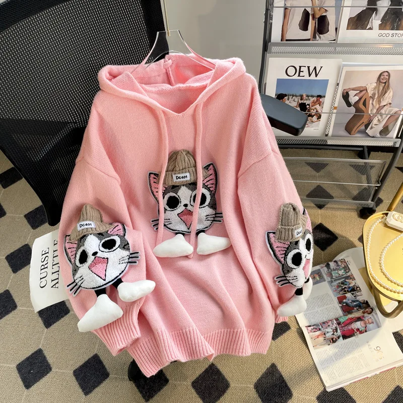 Hsa Cartoon Cat Hooded Sweater for Women Autumn and Winter Loose Outerwear Design Sweet Korean Style Knitted Coat