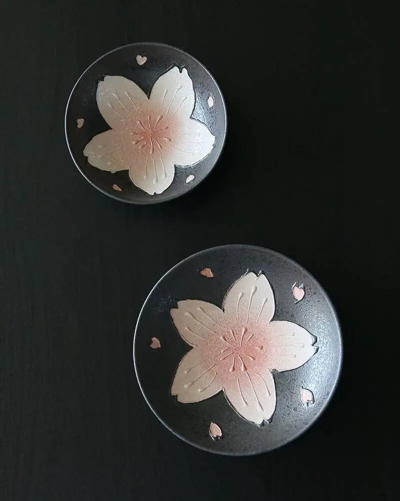 

In Stock Japanese Imported Arita Ware Hand-Painted Pink Black Tea Cup And Saucer Bowl Pearl Glaze Cherry Blossom Plate