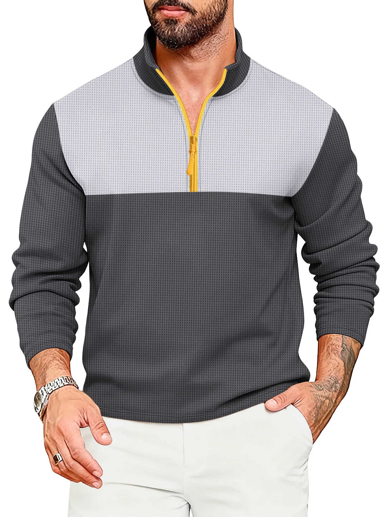 2025 Spring and Autumn New Men's T-shirt Sweatshirt Casual Sports Color Blocked Long Sleeved High Neck Half Zip Top