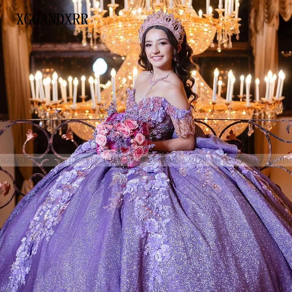 Luxury Purple Sweetheart Quinceanera Dresses 2024 Beads 3D Floral Applique Lace With Cape Sweet 15 Birthday Party Ball Gowns