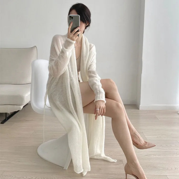 

Women's Loose Long Lightweight Knitted Belted Open Cardigan Lazy Sun Protection Sweater Outerwear Fairy V-ne Batwing Sve