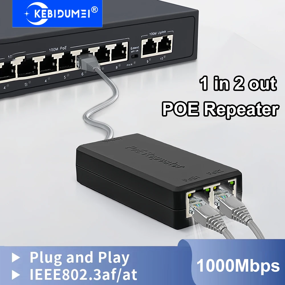 

2-портовый повторитель POE, 100/1000 Мбит/с, 1–2 удлинитель сетевого сигнала POE с IEEE802.3af/at Plug&Play на открытом воздухе для камеры с коммутатором POE