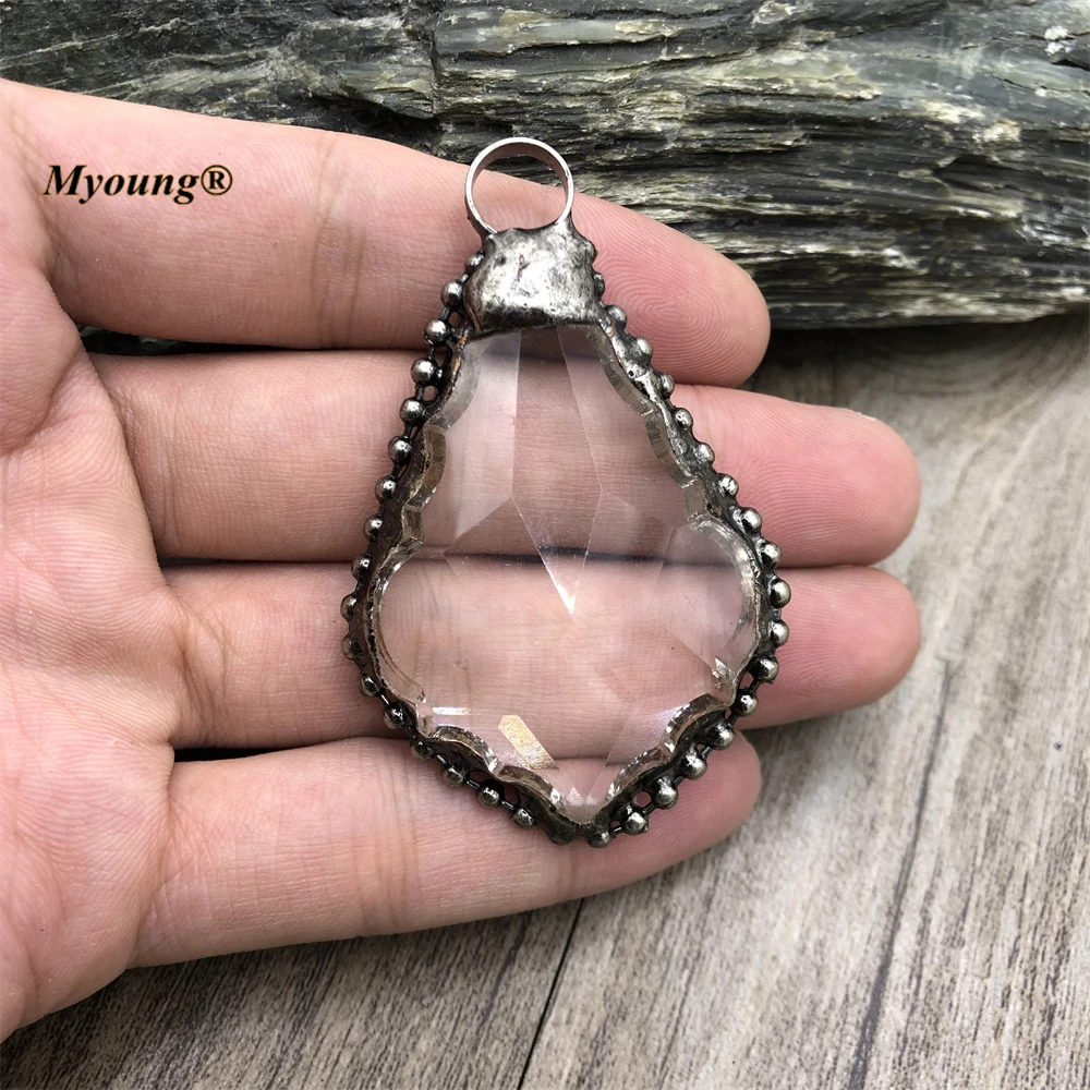 Soldered Ancient Silver-Plated Geometric Maple Leaf Shape Glass Crystal Vintage Necklace Pendants For Jewelry Making MY220856