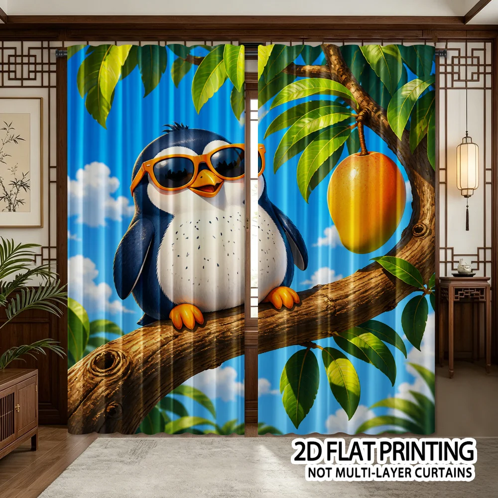 Bright Puffin Bird Cartoon Curtains Blue Sky Tropical Nature Window Drapes Coastal Wildlife Whimsical Nursery Room Home Decor