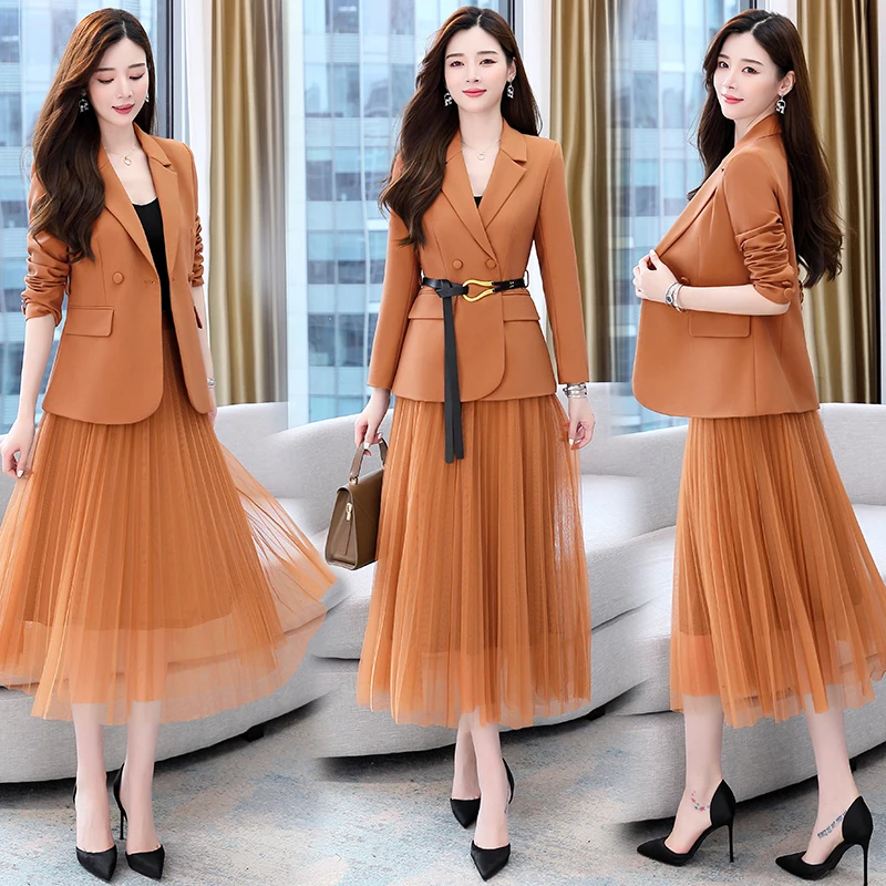 Fashion New Height Quality Korean Version Of All-Match Belt Blazer Jacket High Waist Pleated Skirt Suit Two Piece Set Female