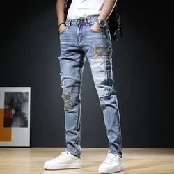 Summer New Korean Fashion Trend Casual Embroidery Straight Stretch Jeans Men's Patchwork Button Zipper Pockets Wash Slim Pants