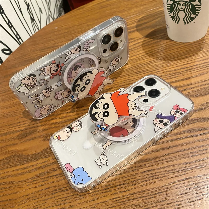 Casing Pengisi Daya Nirkabel Magsafe Kartun Crayon Shin-chan Lucu Anime 3D untuk iPhone 17 16 15 14 13 12 Pro Max Tempat Magnetik Lucu