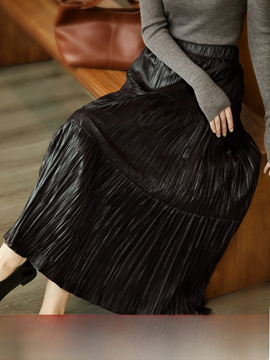 

Faionable PU Leather f Skirt with Elastic Waist Comfortable And Sli Commute Ready A-Line Skirt for Women
