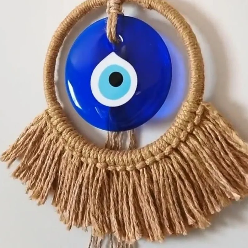 Handmade Turkish Blue Eye Hanging Decoration Woven Round Hoop Evil Eye Pendant European and American Style Blue Glass Ornament