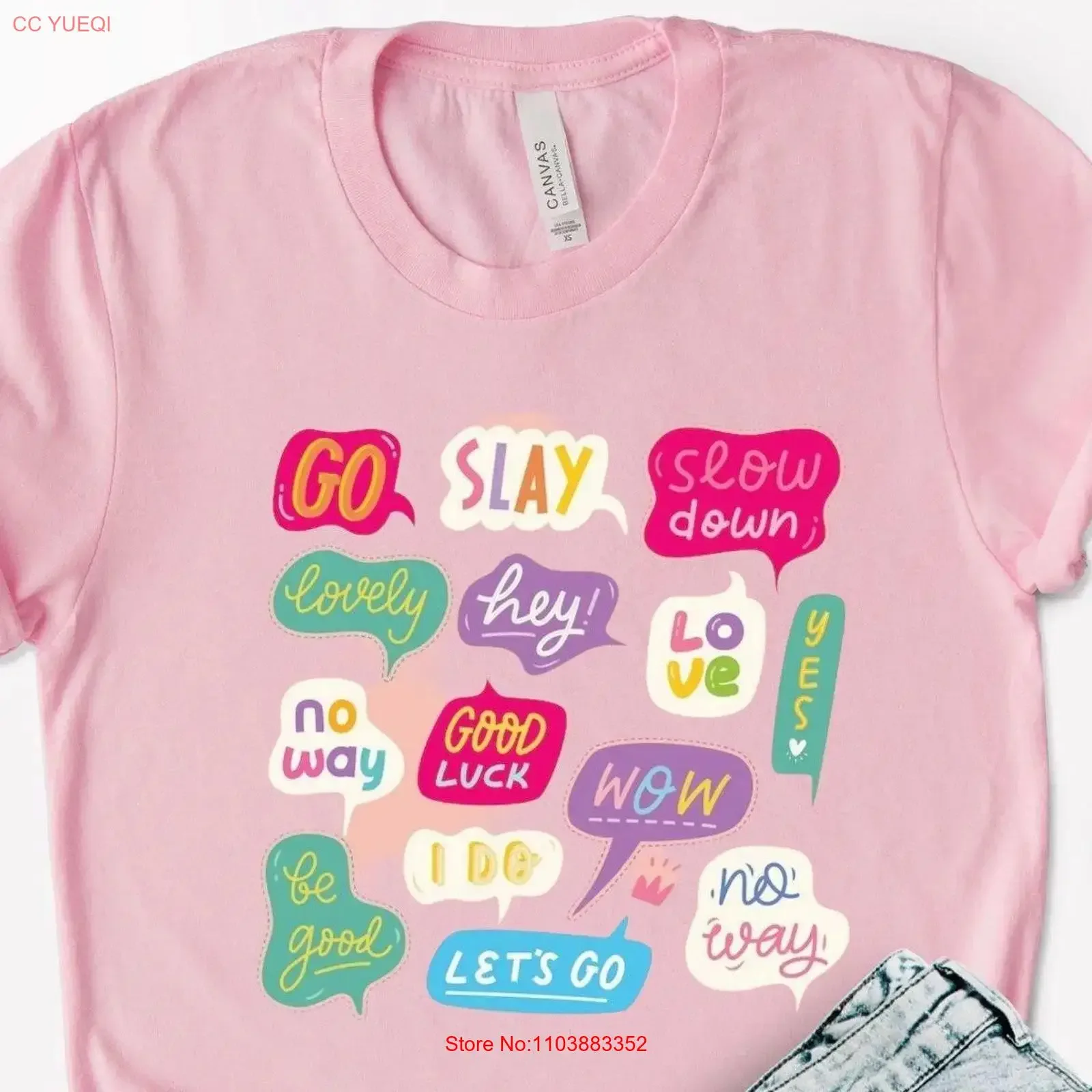 Camiseta Bonita con Estampado Gráfico Vintage Lavado, Estilo Casual y Elegante, con Frases Divertidas y Motivadoras: Go Slay, Slow Down, Lovely, FunT, Uplifting, Self Care
