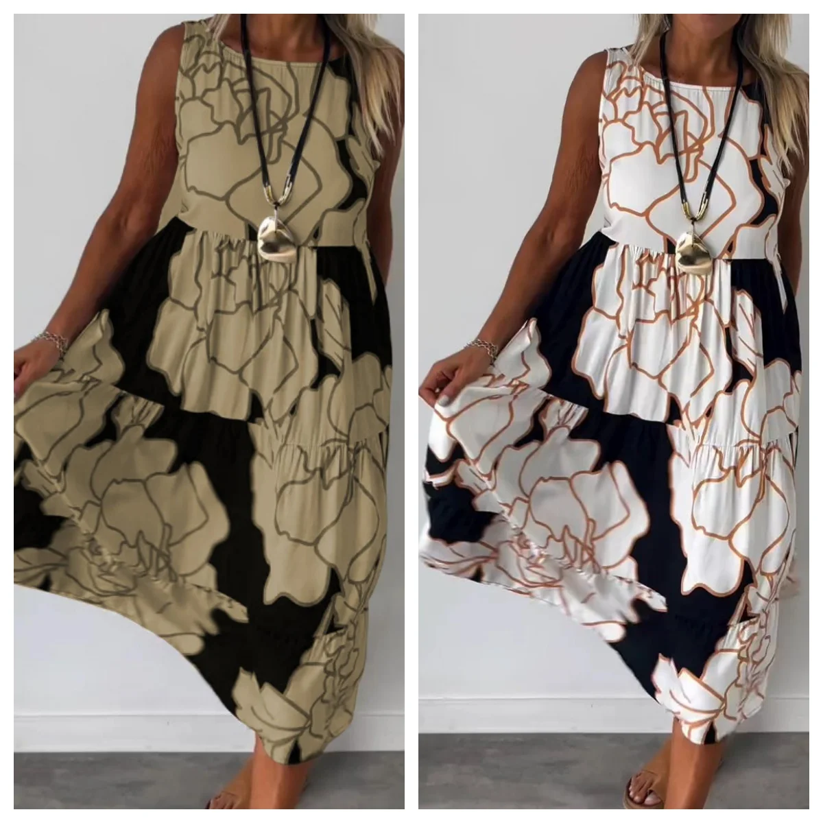 Women Floral Print Sleeveless A-line Dresses Summer O Neck Elegant Pleat Long Boho Dress Loose Beach Casual