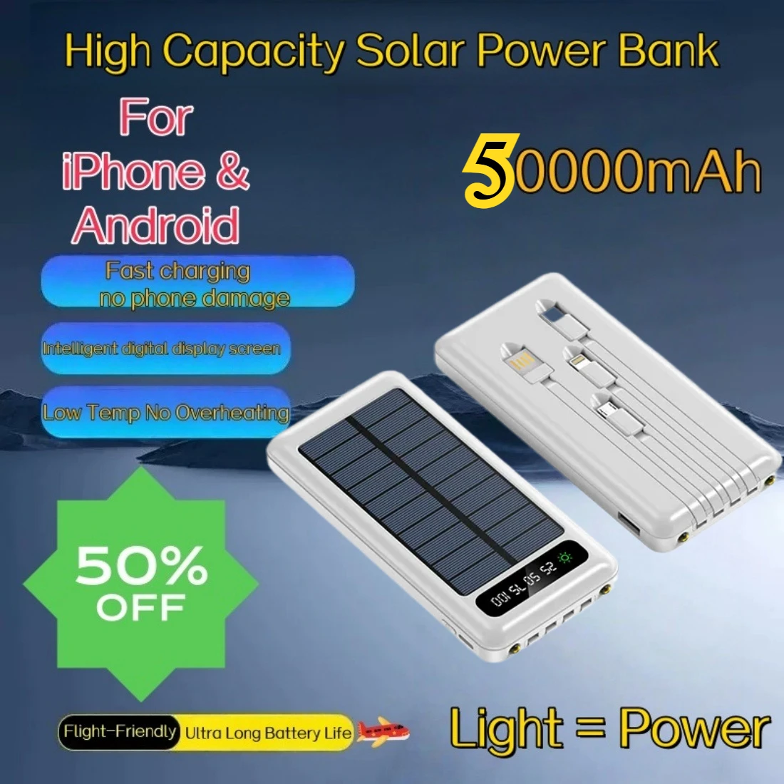 50000mAh Outdoor Solar Power Bank Large Capacity Shared Portable Charger With Built-in Cable