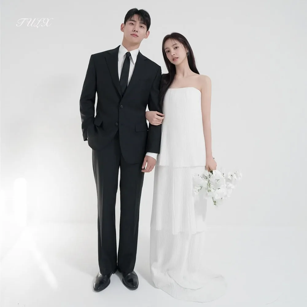 

TULX Simple Ivory Wrinkle Wedding Dress Korea Photo Shoot Strapless Sleeveless Long Bridal Gown Corset Customized 웨딩드레스