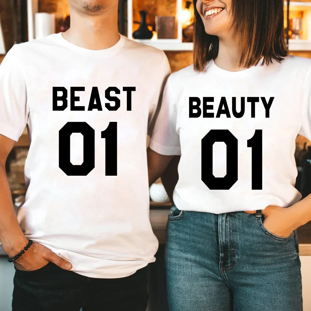 

Valentine's Day BEAST BEAUTY 01 Letter Print Lovers T Shirt Couple Short Sleeve O Neck Loose Tshirt Women Man Tee Shirt Tops