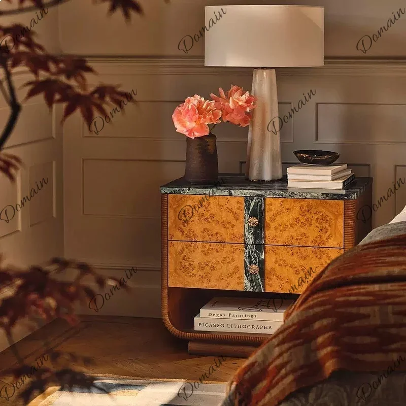 SF Modern Luxury Solid Wood Nightstand with Marble Top Round Storage Cabinet Bedside Table Vintage Style