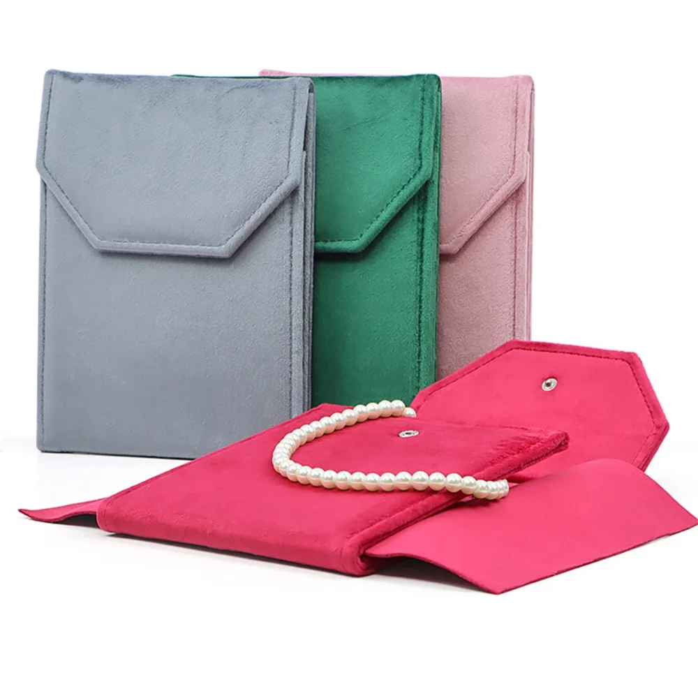 Velvet Jewelry Organizer Pouch Pearl Necklace Bag Portable Earring Ring Storage Bag Foldable Snap Button Gifts Packaging Pouches