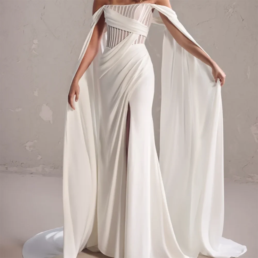 Abiti da sposa classici senza spalline con pieghe laterali e spacco a sirena, abiti da sposa personalizzati