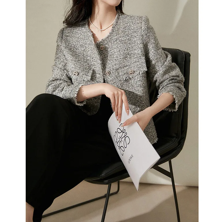 Lace Edge Bright Silk Small Fragrance, White Lining Skin Tone, Tweed Short Coat Round Neck 2024 Spring Women\'s Wool Jacket