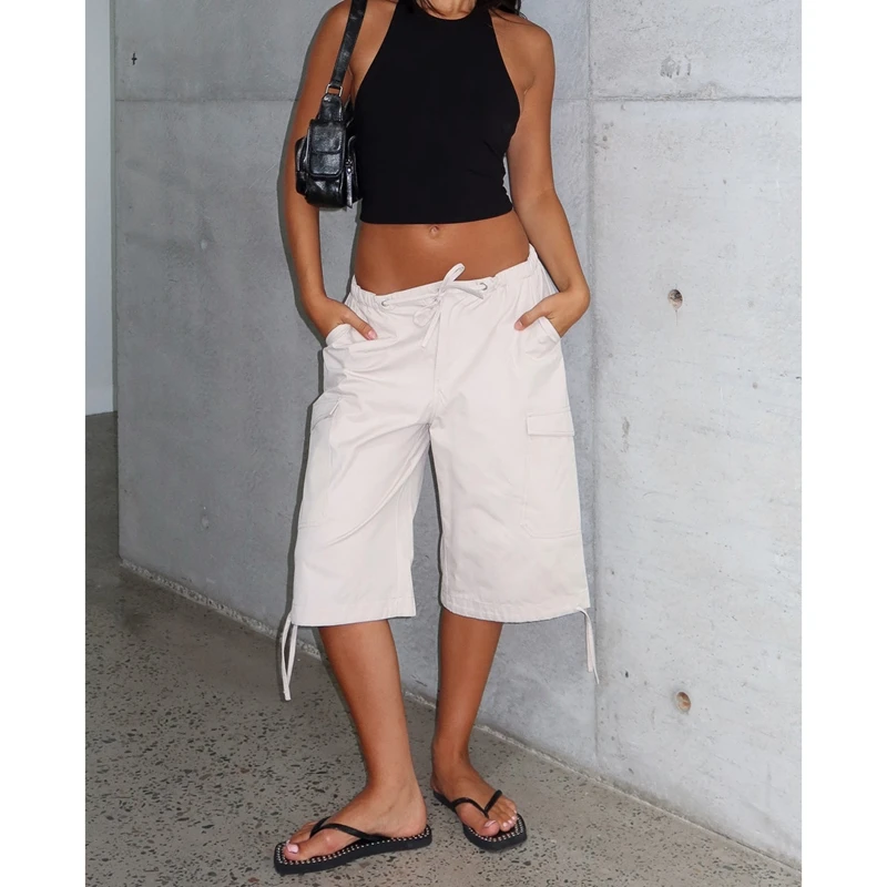 Pantalones Cortos Cargo Bermuda para Mujer, Cintura Elástica con Cordón, Pierna Ancha, Ajuste Holgado, Bolsillos con Solapa, Dobladillo Ajustable, Estilo Y2K, para Uso Diario y Salidas