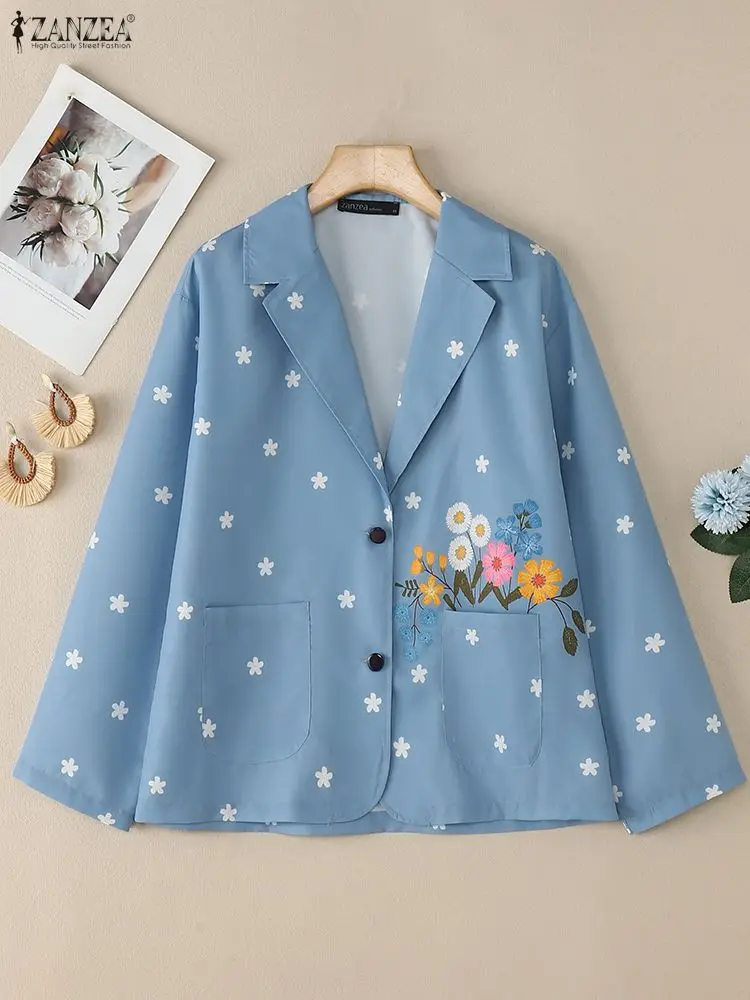 

ZANZEA, стильный женский пиджак с цветочным принтом, повседневный пиджак с зубчатыми лацканами и длинными рукавами, осень 2021, легкая верхняя одежда, S-3XL