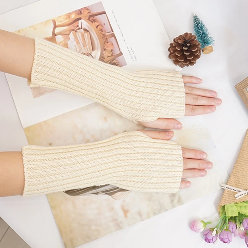 We.Fine Women Knitted Long Arm Warmer Fingerless Gloves Winter Soft Fashion Solid Arm Sleeve Casual Girls Clothes Punk Gloves