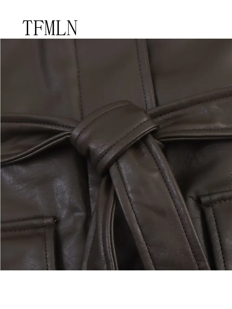 TFMLN سترات من الجلد الصناعي غير رسمية للنساء جيوب أنيقة عتيقة وأكمام طويلة وحزام فضفاض ملابس خارجية لخريف وشتاء 2025 #6