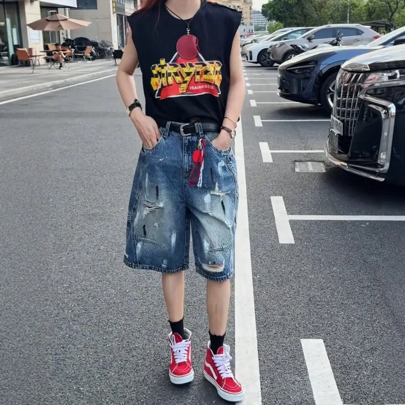 Y2K Vintage High Waist Wide Leg Denim Shorts Women 2026 Summer Distressed Ripped Washed Korean Streetwear Daily Party Outfit
