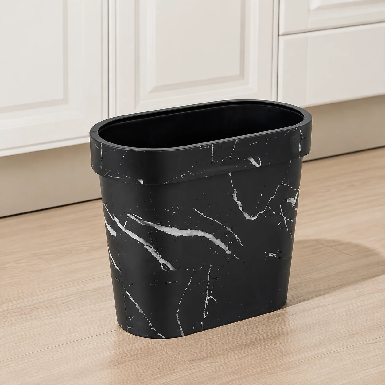 Decorative Black Marble Waste Basket, Narrow‑Profile Open‑Top Household Bin, Stylish Oval Waste Container for Apartment Business Space