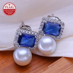 FENASY 925 Sterling Silver Natural Freshwater Pearl Earrings Engagement jewelry Sapphire Bohemian Stud Earrings For Women