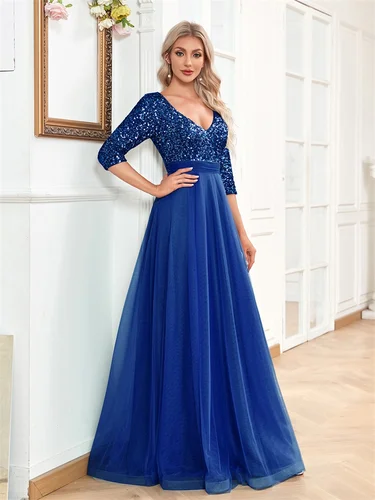 Vestido de noche de lujo hasta el suelo con cuello en V, vestido largo elegante de fiesta para mujer, vestido de cóctel de graduación de manga corta con lentejuelas 2025