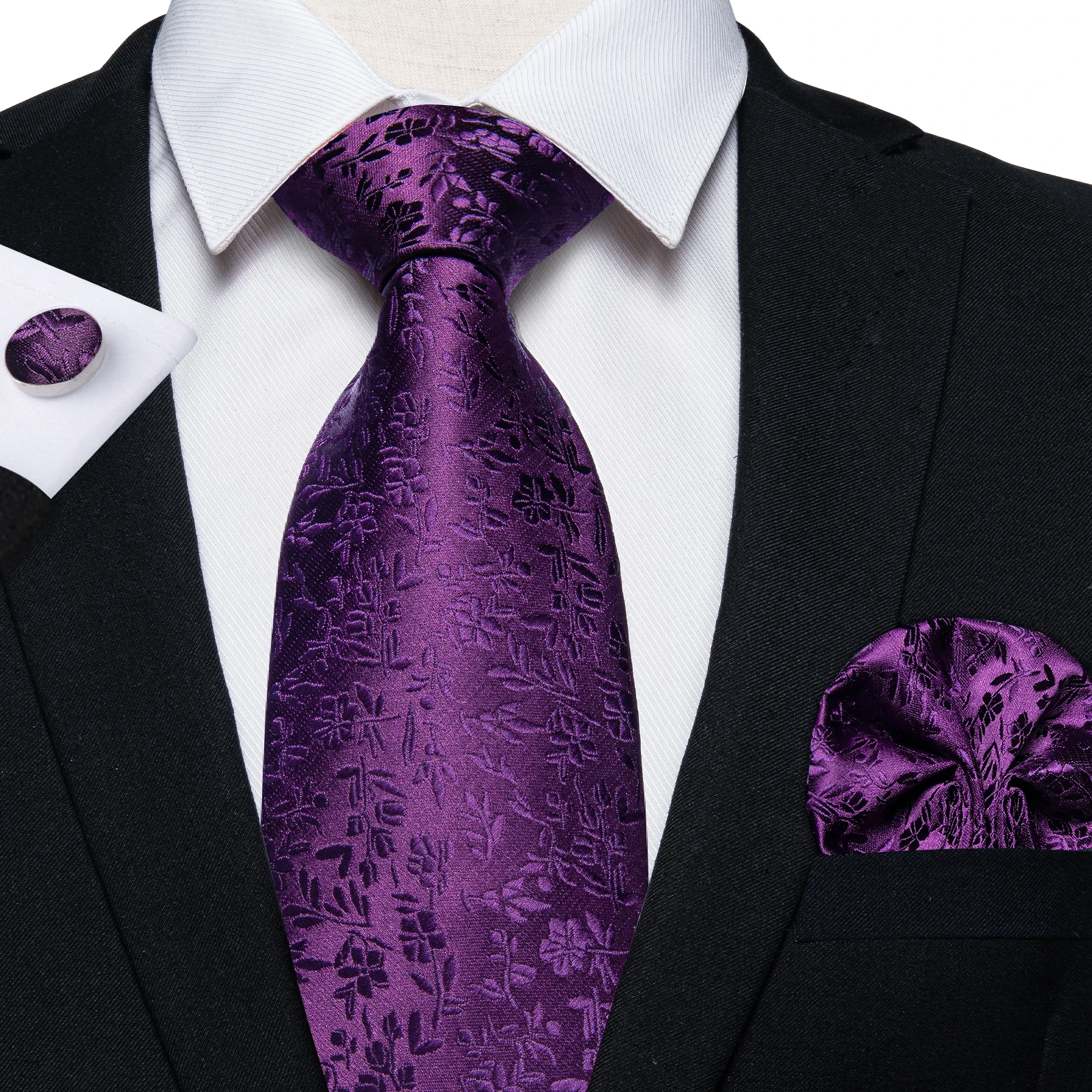 Purple Floral Silk Ties For Men Luxury Men\'s Neck Tie Set Wedding Accessories Handkerchief Cufflinks Mens Gift Box Set Wholesale