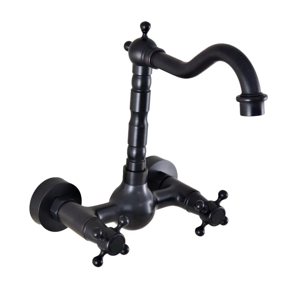 

Oil Rubbed Bronze Wall Mounted Bathroom Basin Faucet Dual Handle Swivel Spout Kitchen Sink Mixer Tap tnf848