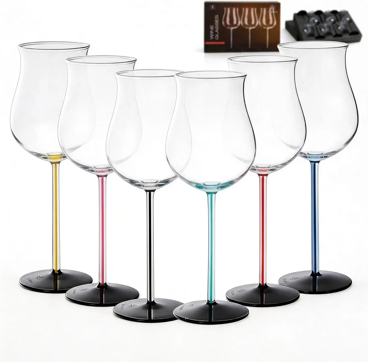 

Набор из 6 цветных бокалов для вина с цветными ножками, 500 мл, из боросиликатного стекла, легкие, с гладким ободком, для коктейлей и апероль-сpritц, можно мыть в посудомоечной машине