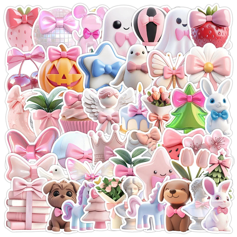 10/30/50pcs Cute Pink Aesthetic 3D Pattern Bow Stickers Cartoon Decals for Luggage Notebook Phone Laptop Waterproof Sticker Pack